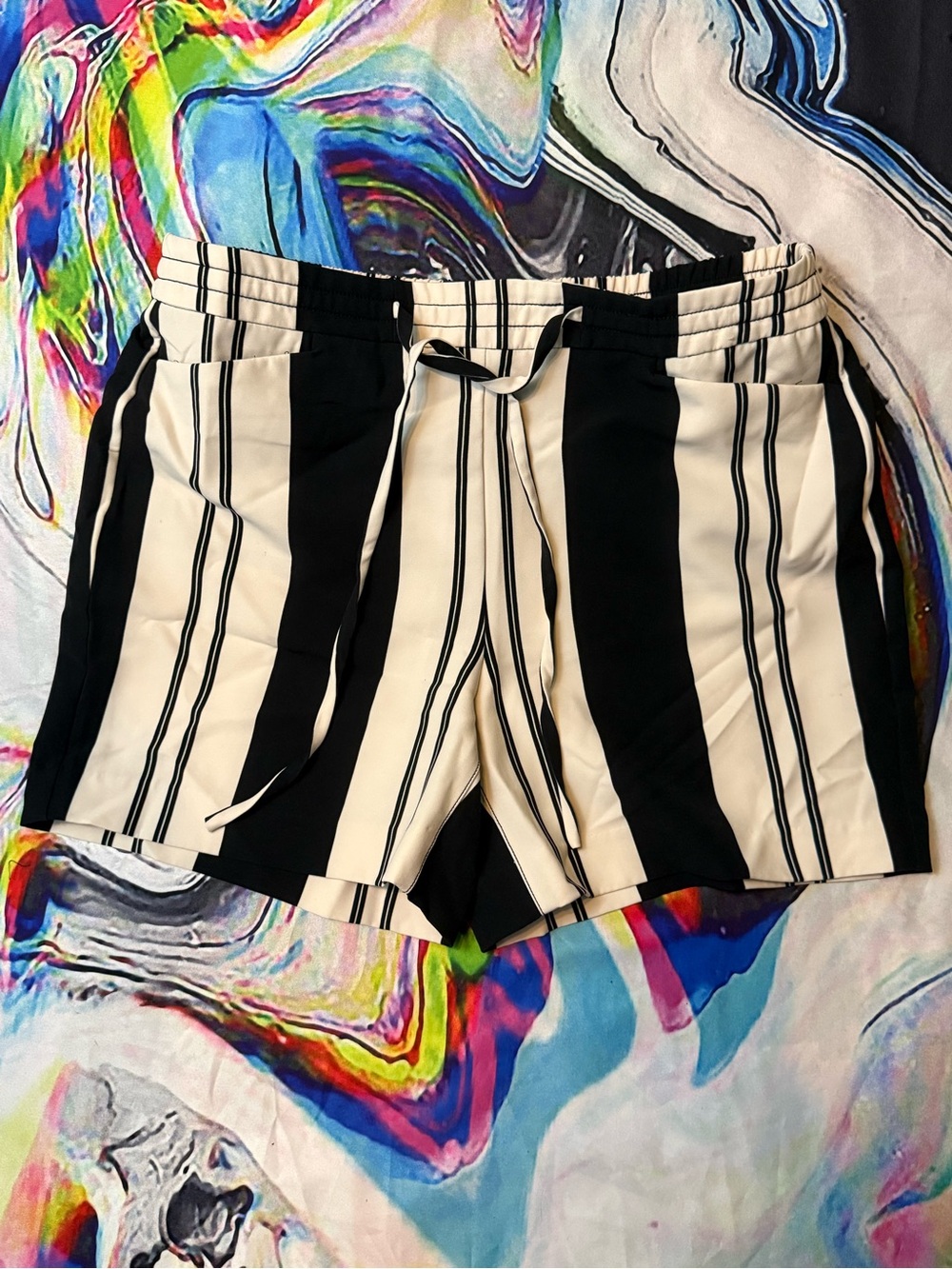 INC International Concepts Black & Cream Vertical Stripe Drawstring Shorts